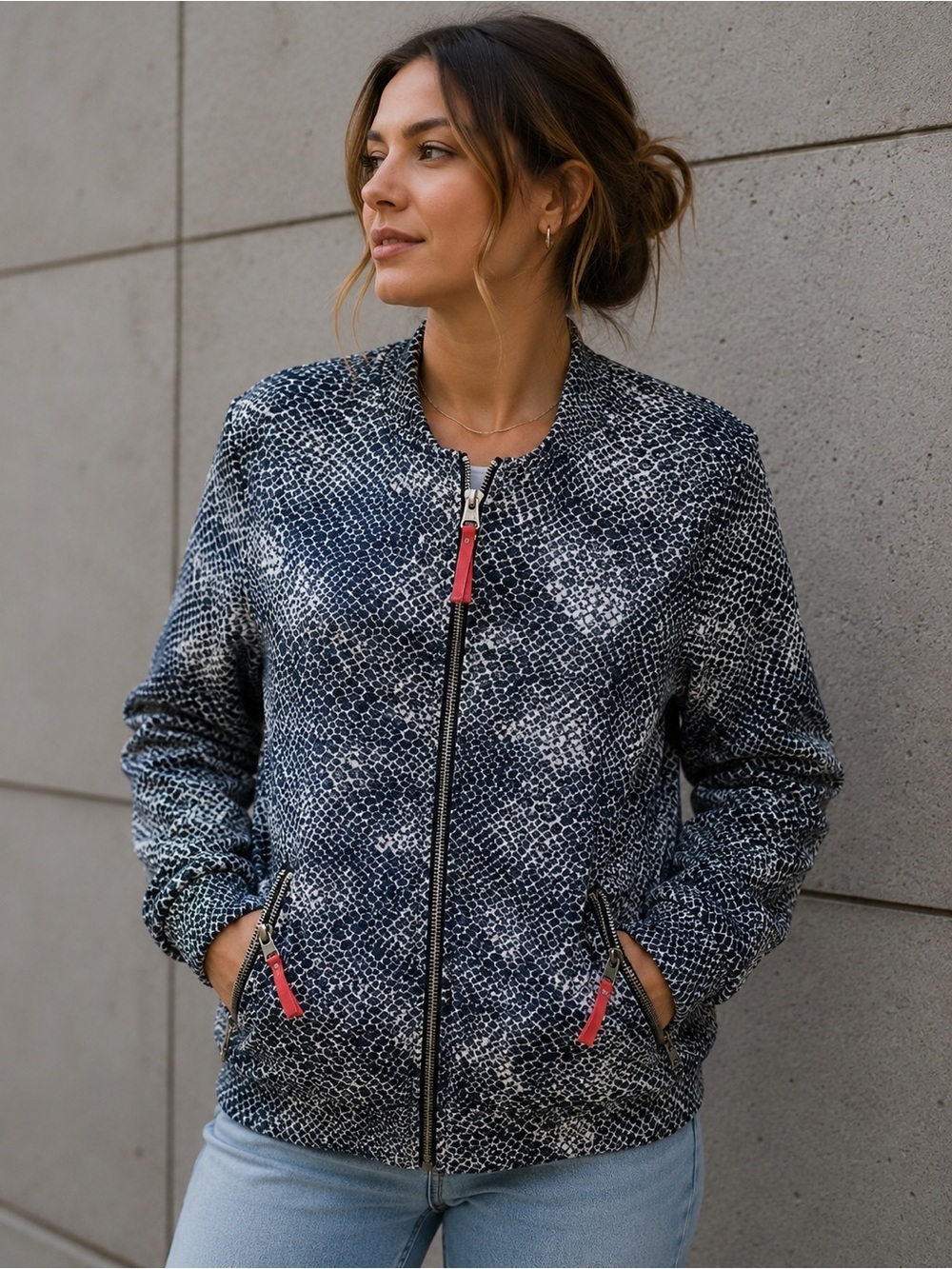Noisy may Blue and White Snake Patterned Bomber Jacket Size S Scandi Streetwear
